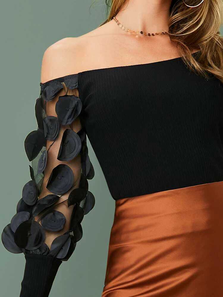 3D Appliques Detail Sheer Lantern Sleeve - The MAYZ