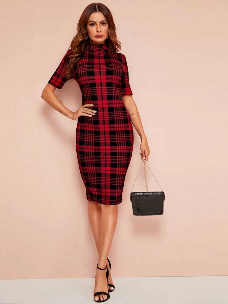 Mock Neck Tartan Bodycon Dress - The MAYZ