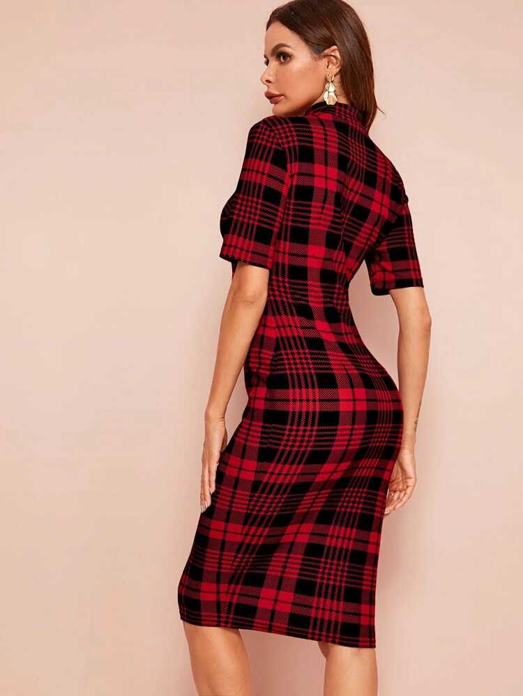 Mock Neck Tartan Bodycon Dress - The MAYZ