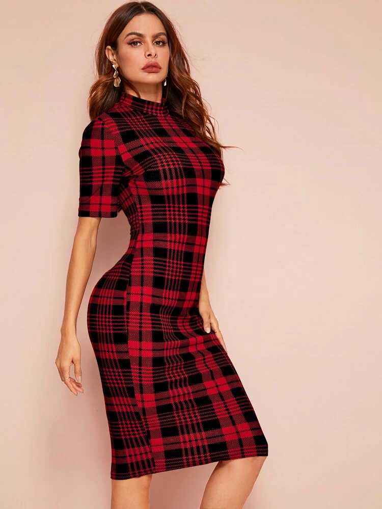 Mock Neck Tartan Bodycon Dress - The MAYZ