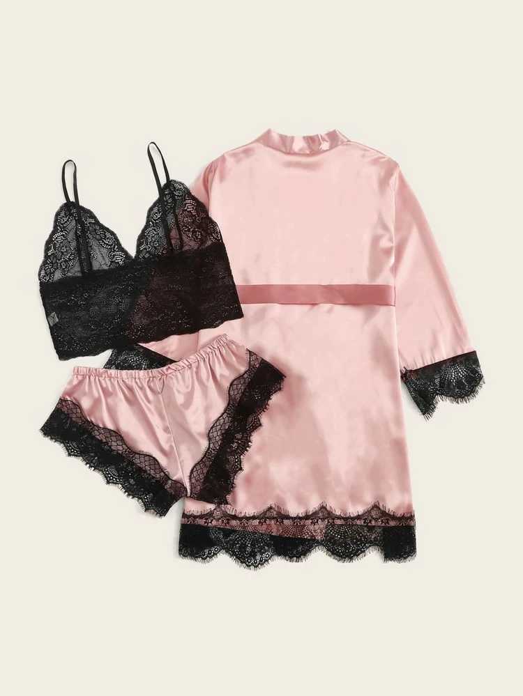 Floral Lace Bralette With Satin Shorts & Belted Robe - The MAYZ