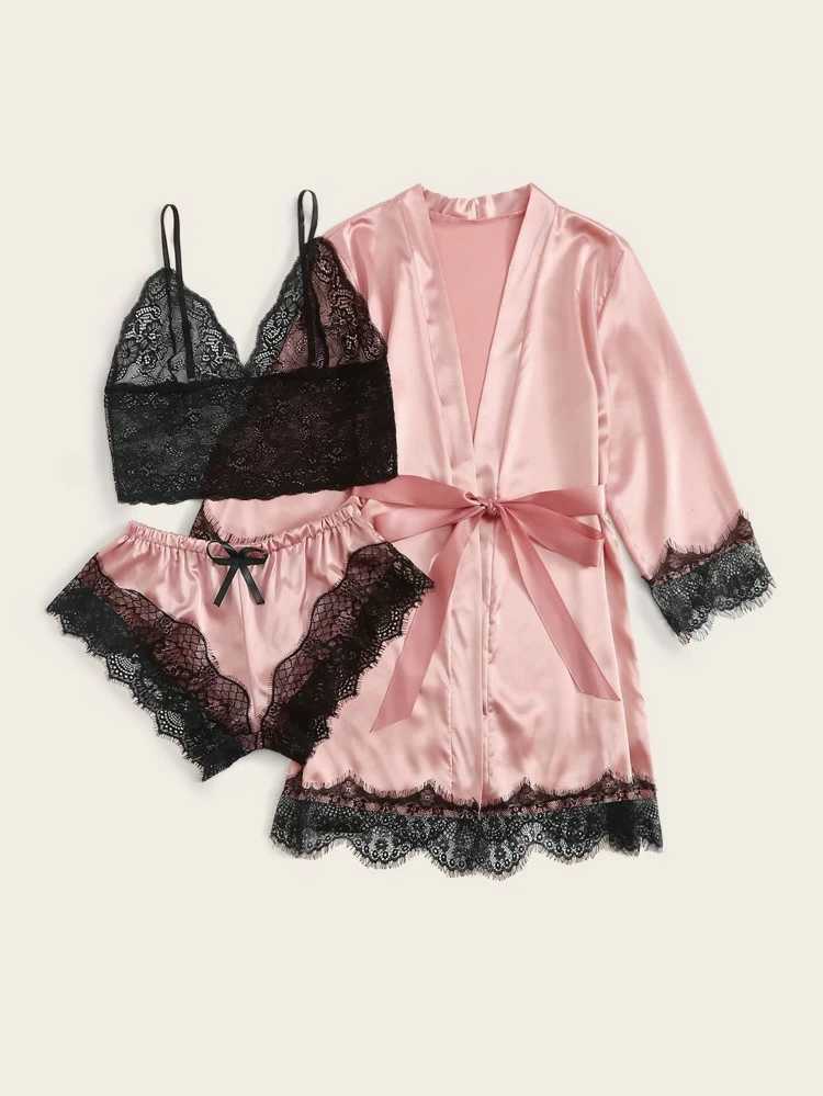 Floral Lace Bralette With Satin Shorts & Belted Robe - The MAYZ