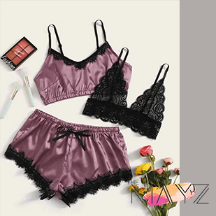 3pack Contrast Lace Satin Lingerie Set - The MAYZ