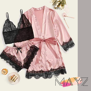 Floral Lace Bralette With Satin Shorts & Belted Robe - The MAYZ