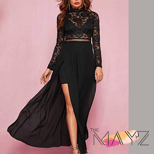 Zip Back Split Thigh Sheer Lace Dress Without Bra - The MAYZ