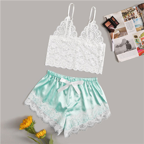 Floral Lace Cami Top With Satin Shorts - The MAYZ