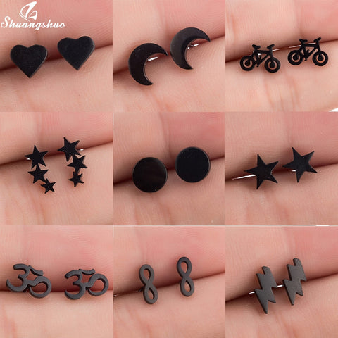 Earrings Mini Black Geometric Moon Star - The MAYZ
