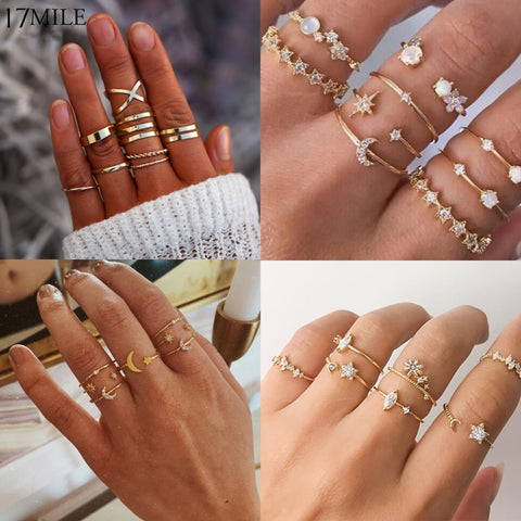 Vintage Gold Metal Crystal Rings Set - The MAYZ