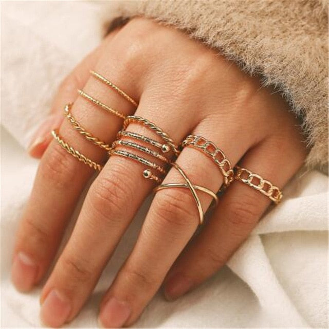 Vintage Gold Metal Crystal Rings Set - The MAYZ
