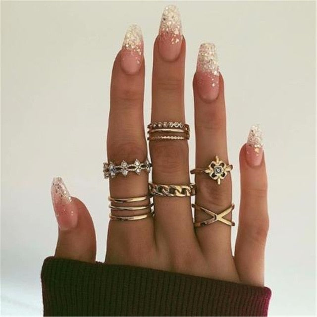 Vintage Gold Metal Crystal Rings Set - The MAYZ