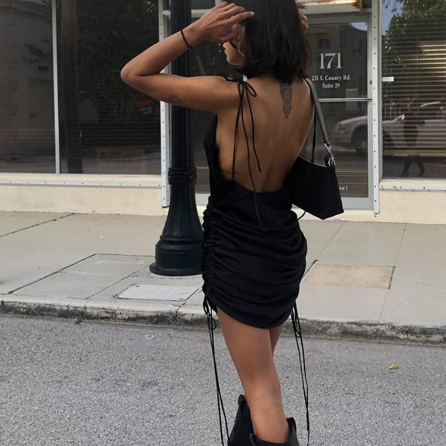 Solid Spaghetti Straps Backless Sleeveless Sexy Dresse - The MAYZ