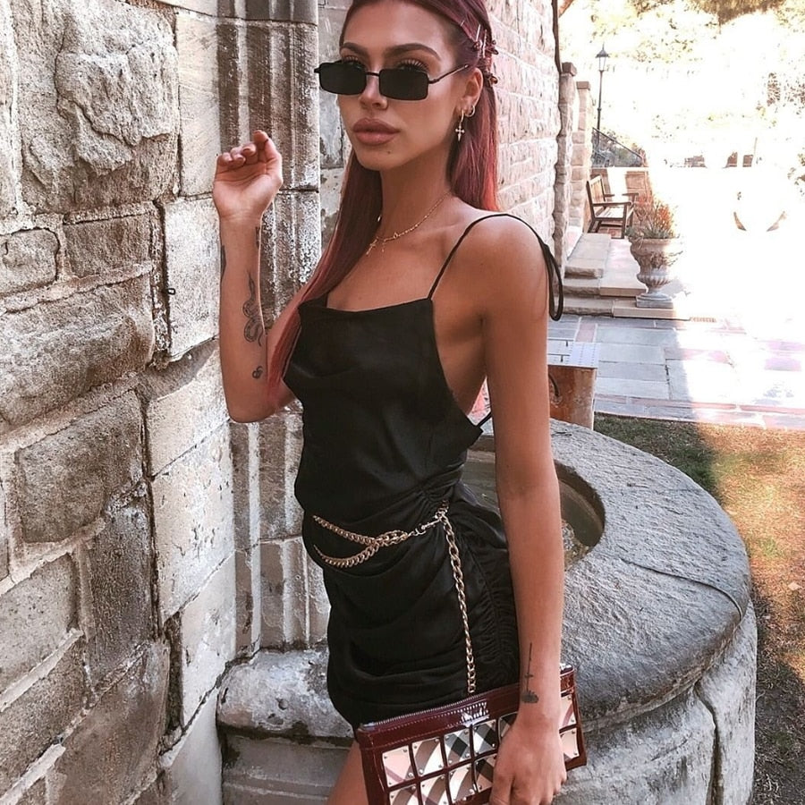 Solid Spaghetti Straps Backless Sleeveless Sexy Dresse - The MAYZ